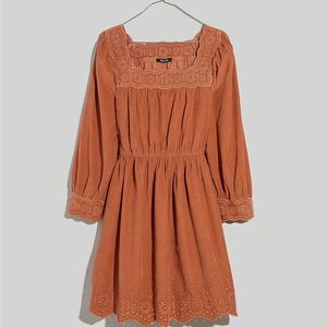 Embroidered Corduroy Square-Neck Mini Dress
